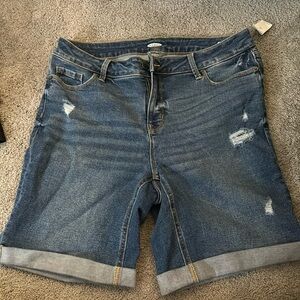 Mid-Rise Distressed Bermuda Jean Shorts